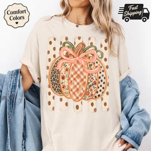 Comfort Color® Patchwork Pumpkin Shirt, Floral Leopard Gingham Tee, Pink Bow Autumn Top, Cute Polka Dot Outfit, Fall Gift for Her Q1046