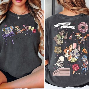 The image is a collage of two photos featuring a woman wearing a black t-shirt with cartoon characters and text printed on it.