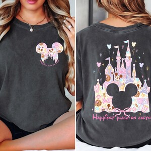 The image is a collage of two photos featuring a woman wearing a black t-shirt with a Disney-themed design on the front and back.