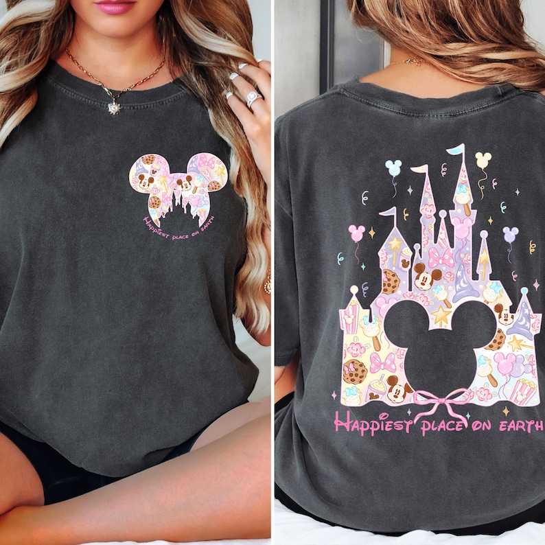 The image is a collage of two photos featuring a woman wearing a black t-shirt with a Disney-themed design on the front and back.