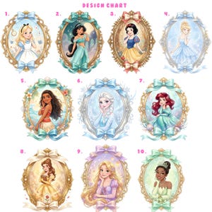 a collection of illustrations featuring various Disney princesses, each with their own unique design and style.