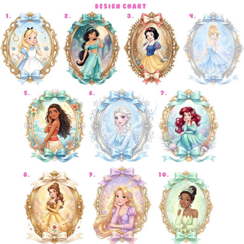 a collection of illustrations featuring various Disney princesses, each with their own unique design and style.