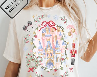 Comfort Colors® Vintage Disney Christmas Magic Castle Shirt, Mickey Xmas Tee, Retro Disney Holiday Top, Disney Trip Nutcracker Shirt Q0139