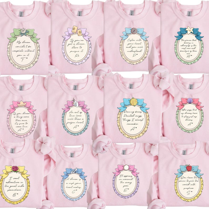 a collection of pink t-shirts with various phrases and illustrations on them.