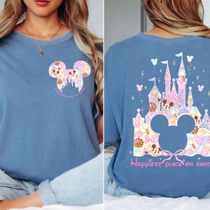 The image is a collage of two photos of a woman wearing a blue t-shirt with a Disney-themed design on the back.