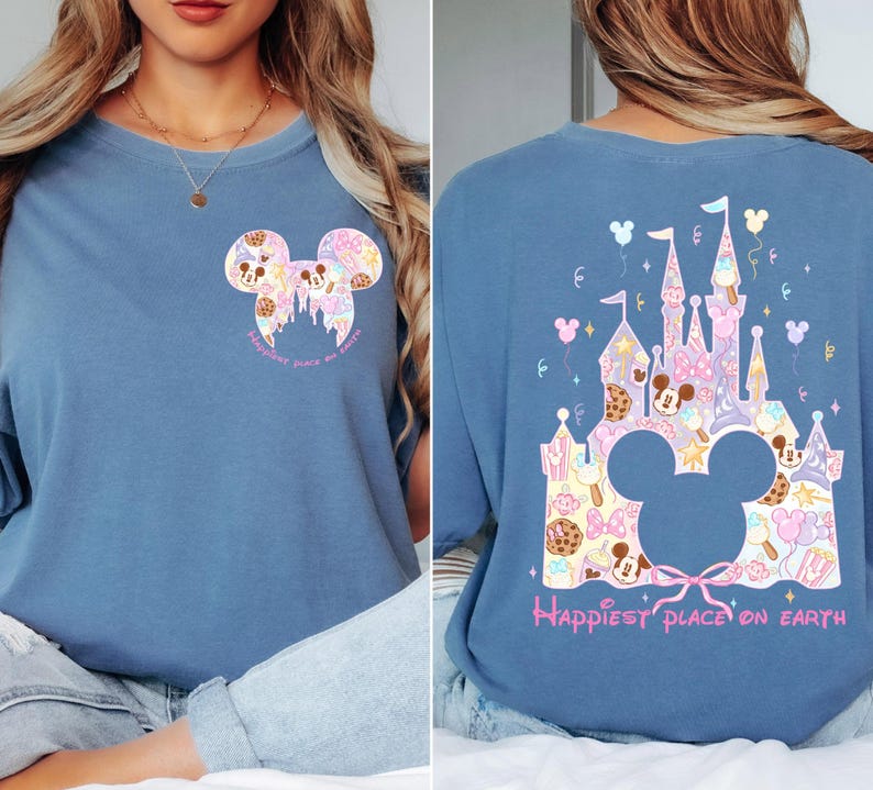 The image is a collage of two photos of a woman wearing a blue t-shirt with a Disney-themed design on the back.