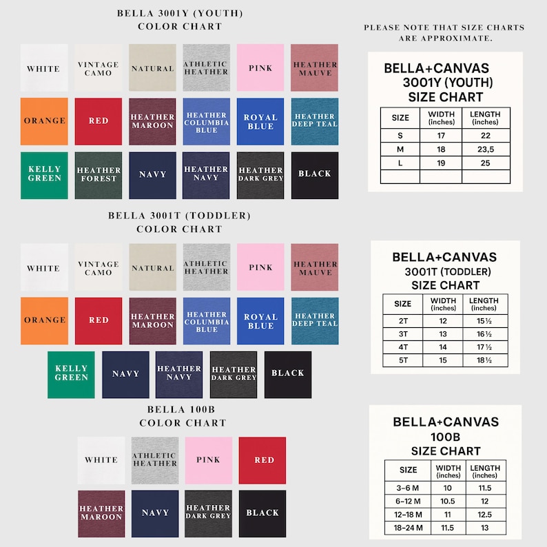 a color chart for various clothing items, including a color chart for youth and toddler clothing, as well as a color chart for canvas prints. The chart provides size charts for different colors and styles, such as white, vintage, athletic, and navy.