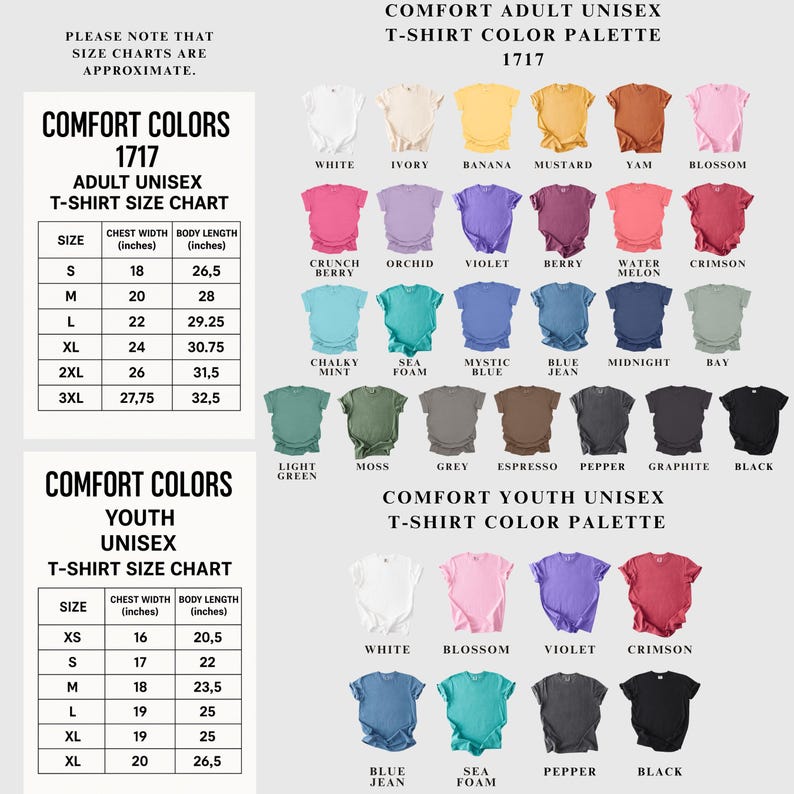 The image is a color palette for a t-shirt, featuring a variety of colors and sizes for both adult and youth unisex t-shirts.