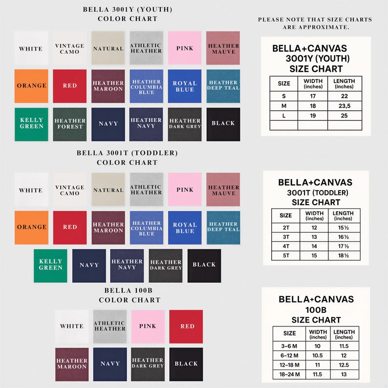 a color chart for various clothing items, including a color chart for toddlers and a color chart for different styles of clothing. The chart provides size charts for each color, such as the color chart for "Bella 3001T (Youth)" and the color chart for "Bella 3001T (T Toddler)" and "Bella-Canvas 3001T ( toddlers )".