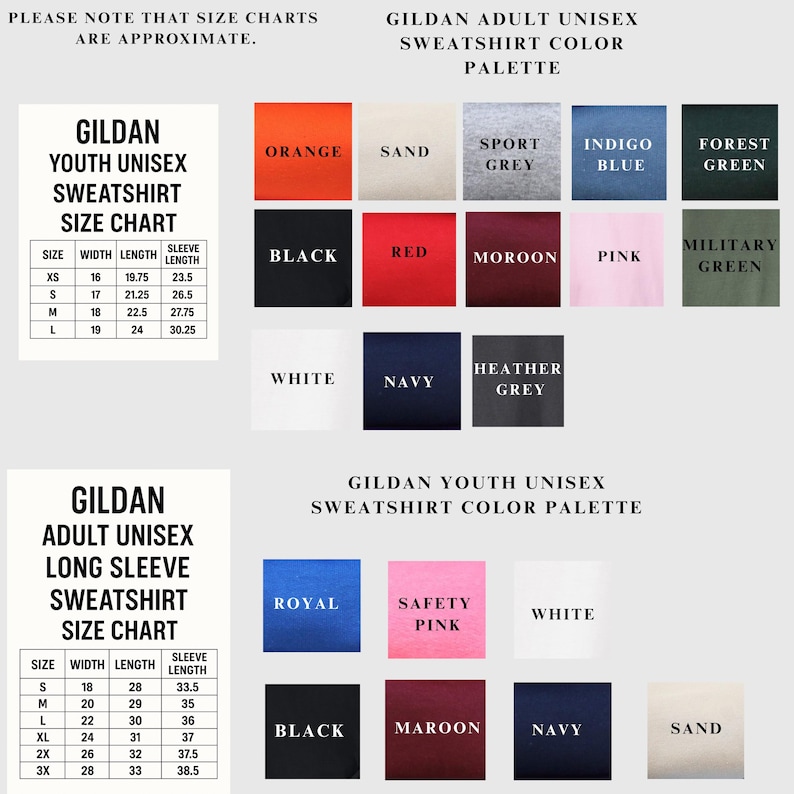a collection of color swatch charts and color palettes for Gildan youth unisex sweatshirts, including size charts, color swatches, and color palettes for different styles and designs.