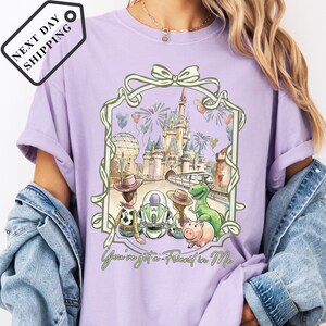 A person wearing a purple t-shirt with a graphic design depicting characters from the Toy Story franchise, including Buzz Lightyear, Woody, and a pig, standing in front of a castle.