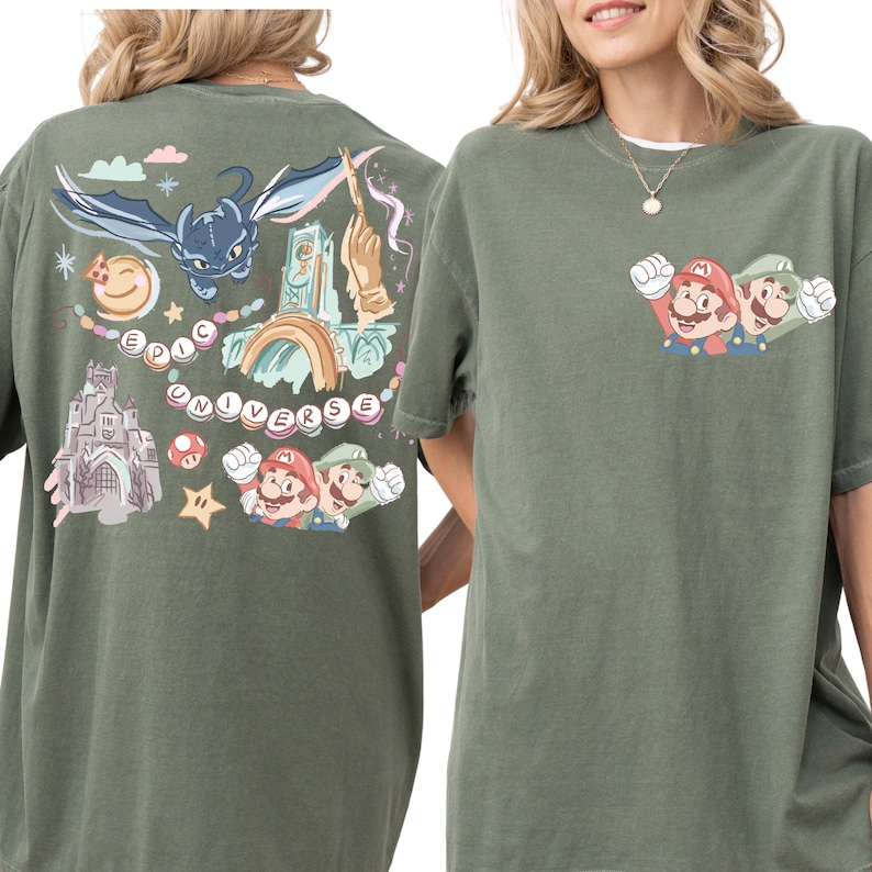 two green t-shirts with Mario and other characters from the Mario series printed on them.