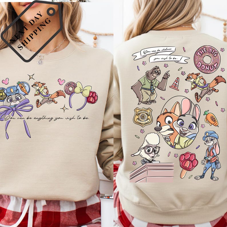 The image is a collage of two photos featuring a person wearing a beige sweatshirt with a cartoon character design. The person is shown from the back, and the sweatshirt has a variety of cartoon animal characters and other colorful elements on the front.
