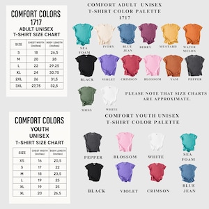 The image is a collage of two separate color charts for adult unisex t-shirt sizes. The first chart lists the sizes and corresponding color options, while the second chart displays a variety of color options for the youth unisex t-shirt size chart.