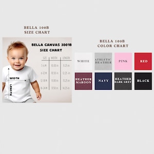 The image is a size chart for a baby, showing the measurements for different age groups. It includes a baby's head and shoulders, as well as a color chart that displays various color options for the baby's clothing.