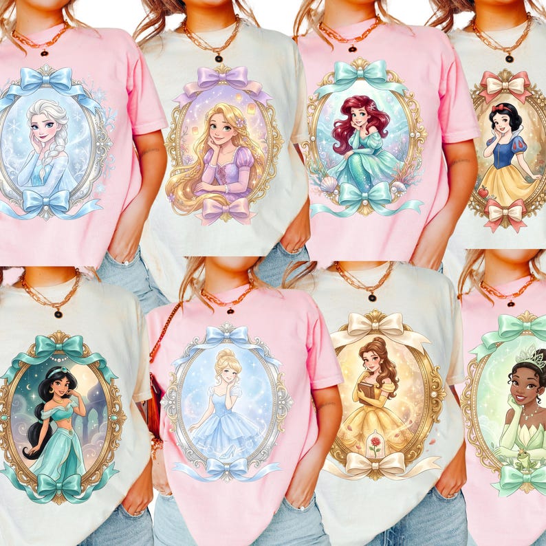 May include: A collection of t-shirts featuring various Disney princess portraits within ornate, oval frames. Each shirt showcases a different princess, including Elsa, Rapunzel, Ariel, Snow White, Jasmine, Cinderella, Belle, and Tiana, with pastel color schemes.