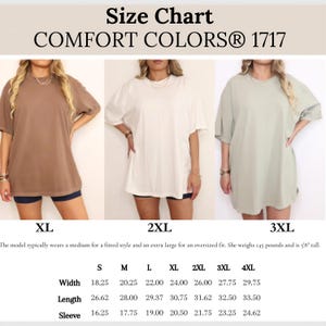 The image is a size chart for three different styles of t-shirts, each with a different size indicated.