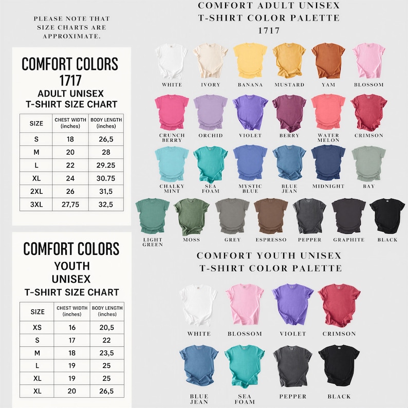 The image is a color palette for a t-shirt, featuring a variety of colors and sizes for both adult and youth t-shirt designs.