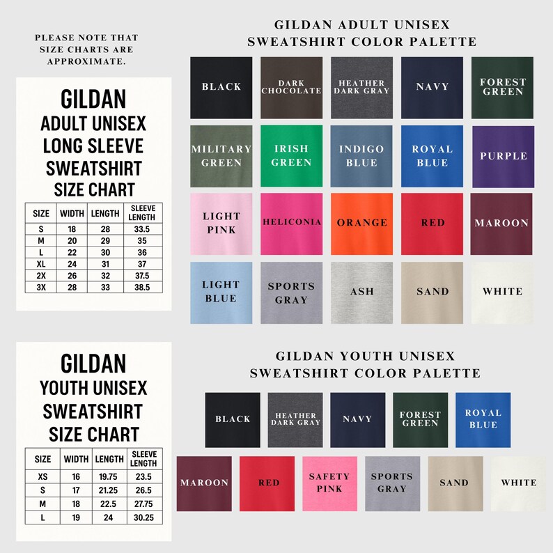 a color palette for a Gildan adult unisex sweatshirt, including a size chart and a youth unisex sweatshirt color palette.