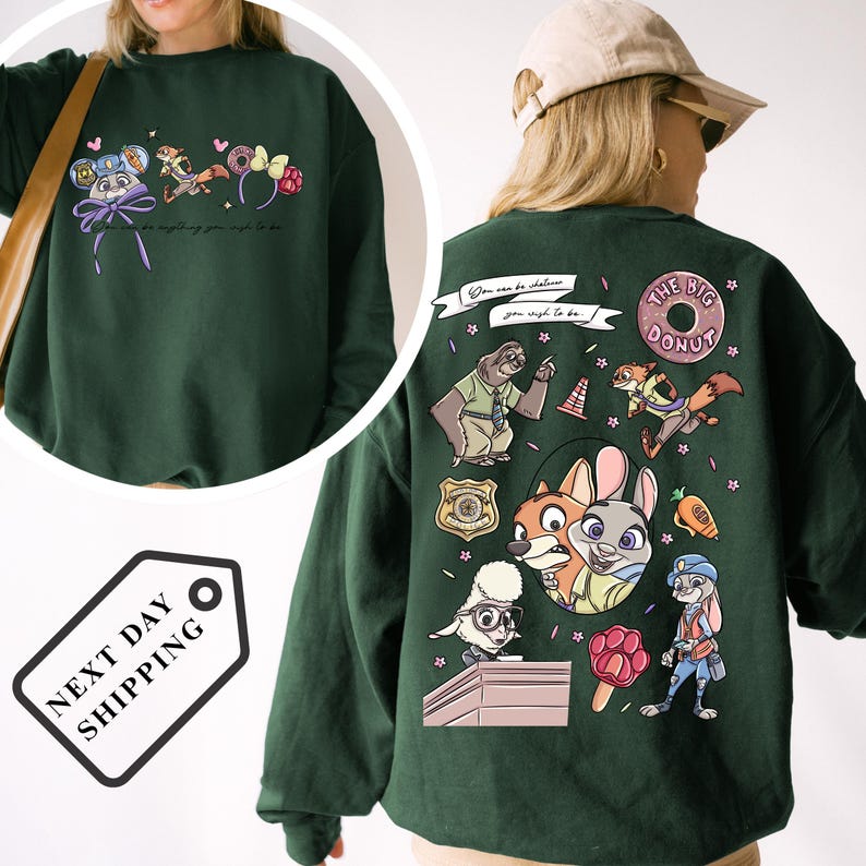 The image is a collage of two photos. The first photo shows a person wearing a green sweatshirt with a cartoon character design, including a rabbit, fox, and other animals. The second photo shows the back of the same person wearing a green sweatshirt with a cartoon character design, including a rabbit, fox, and other animals.