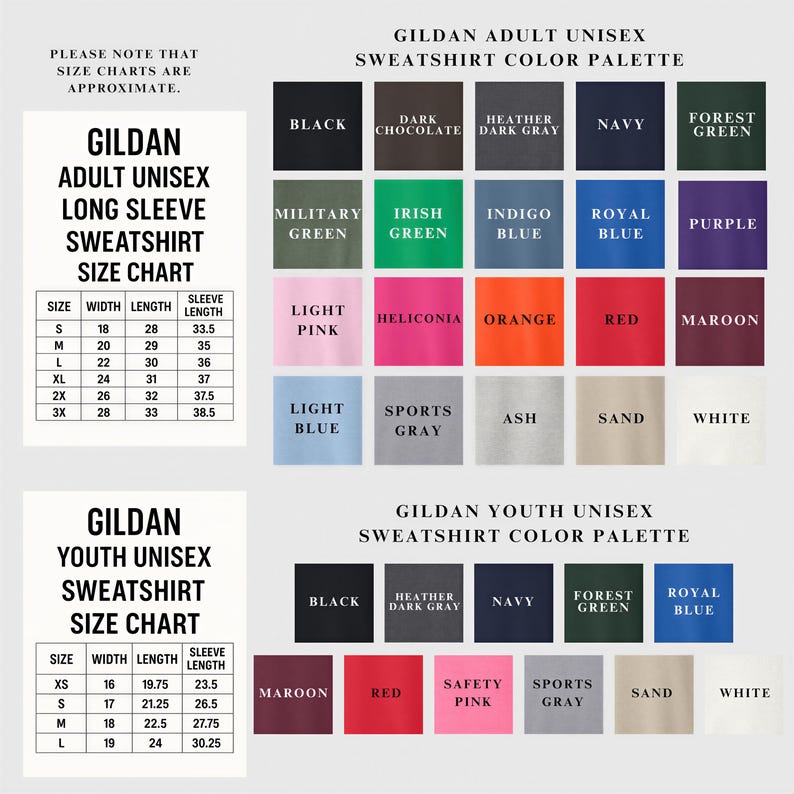 a color palette for a Gildan adult unisex sweatshirt, including a size chart and a youth unisex sweatshirt color palette.