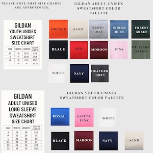 a collection of color swatch charts and color palettes for Gildan youth unisex sweatshirts, including size charts, color swatches, and color palettes for different styles and designs.