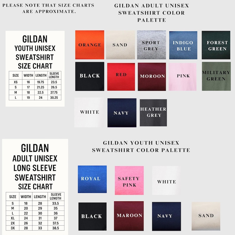 a collection of color swatch charts and color palettes for Gildan youth unisex sweatshirts, including size charts, color swatches, and color palettes for different styles and designs.