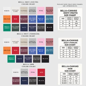 a color chart for various clothing items, including a color chart for toddlers and a color chart for different styles of clothing. The chart provides size charts for each color, such as the color chart for "Bella 3001T (Youth)" and the color chart for "Bella 3001T (T Toddler)" and "Bella-Canvas 3001T ( toddlers )".