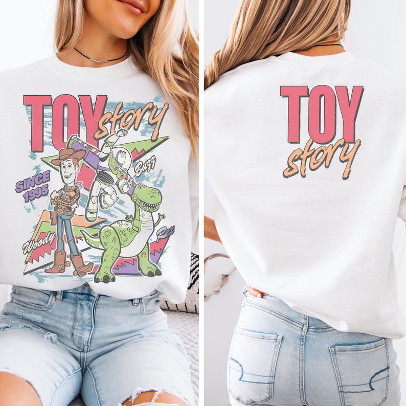 The image is a collage of two photos featuring a woman wearing a white T-shirt with a colorful graphic of Woody and Buzz from Toy Story.