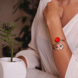 Leaf Bronze Cuff Bracelet: Scarlet Murano Glass, Adjustable Open Bangle