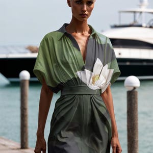 May include: A woman wearing a short-sleeved green and white dress with a floral print. The dress has a V-neckline and a cinched waist. The woman is standing on a wooden dock with a yacht in the background.