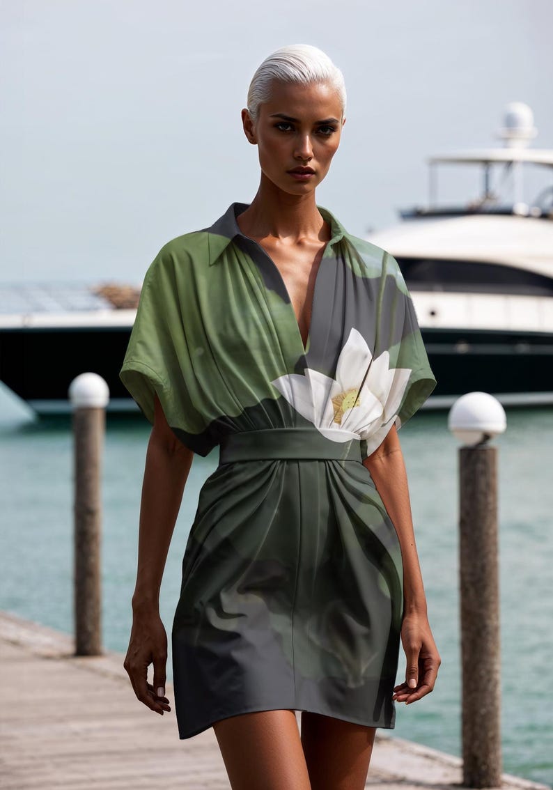 May include: A woman wearing a short-sleeved green and white dress with a floral print. The dress has a V-neckline and a cinched waist. The woman is standing on a wooden dock with a yacht in the background.