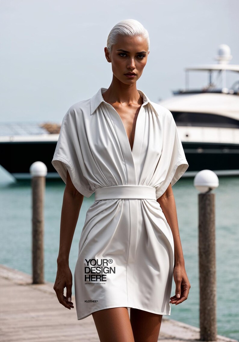 May include: A white collared shirt dress with short sleeves and a cinched waist. The dress has a deep V-neckline and a relaxed fit. The text "YOUR&reg; DESIGN HERE" is printed on the front of the dress.