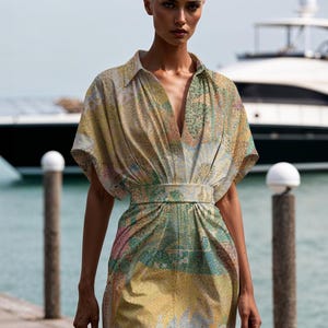 May include: A woman wearing a short-sleeved, collared dress with a colorful abstract print. The dress has a fitted bodice and a flowing skirt. The woman is standing on a wooden dock with a yacht in the background.