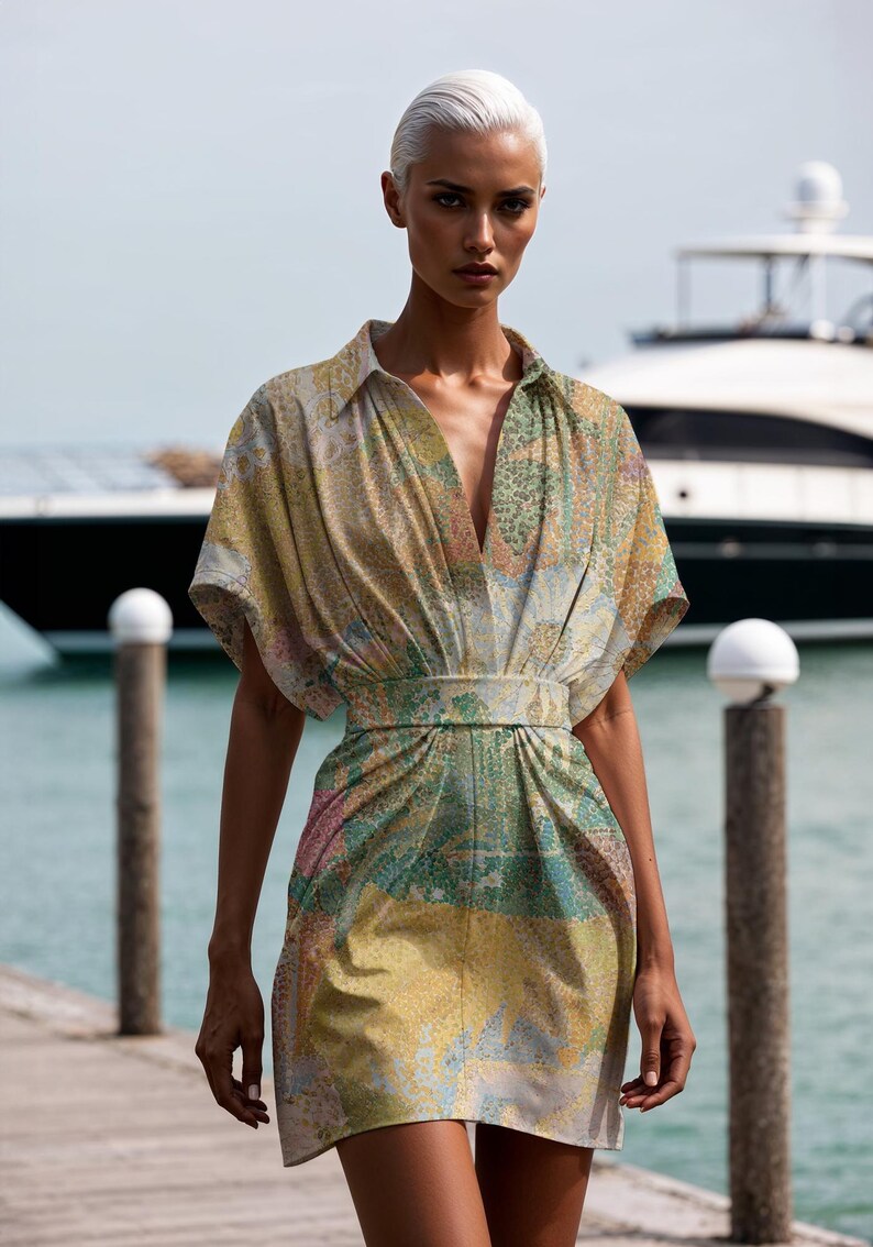 May include: A woman wearing a short-sleeved, collared dress with a colorful abstract print. The dress has a fitted bodice and a flowing skirt. The woman is standing on a wooden dock with a yacht in the background.