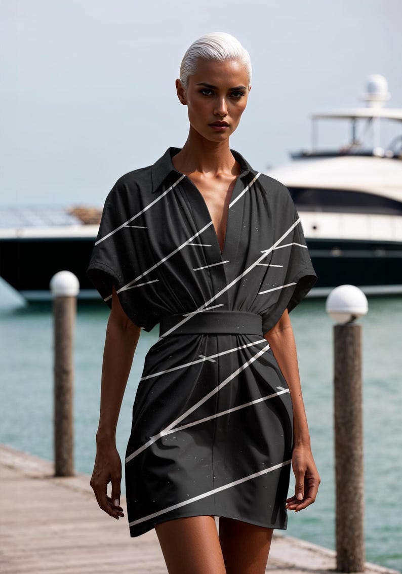 May include: A black and white striped short-sleeved dress with a V-neckline and a belt. The dress is cinched at the waist and has a relaxed fit.