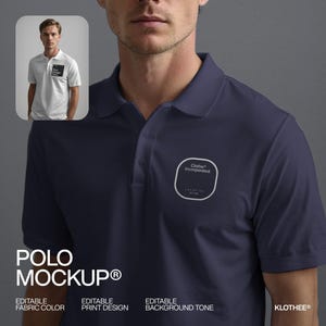 May include: A navy blue polo shirt with a white logo that says "Clothes Incorporated" on the left chest. The shirt is a mockup with editable fabric color, print design, and background tone.