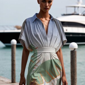 May include: A woman wearing a short-sleeved, collared dress with a blue and green abstract print. The dress has a white belt and a V-neckline. She is standing on a wooden dock with a yacht in the background.