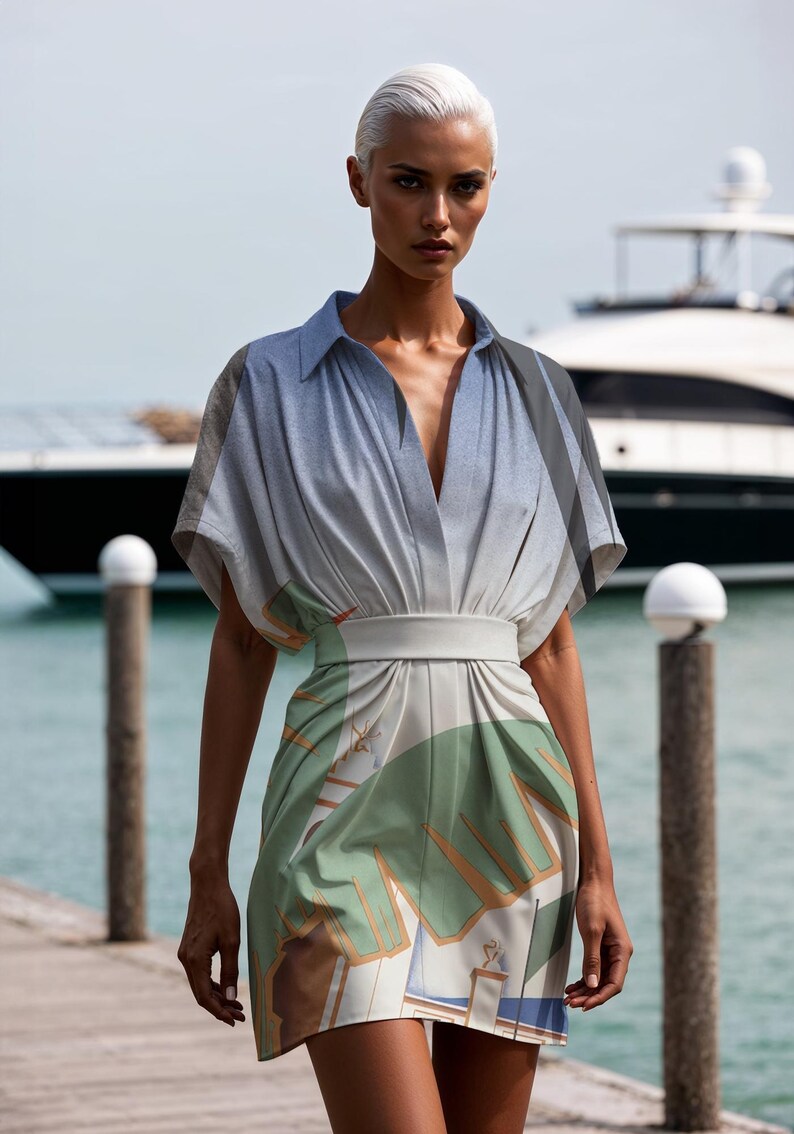 May include: A woman wearing a short-sleeved, collared dress with a blue and green abstract print. The dress has a white belt and a V-neckline. She is standing on a wooden dock with a yacht in the background.