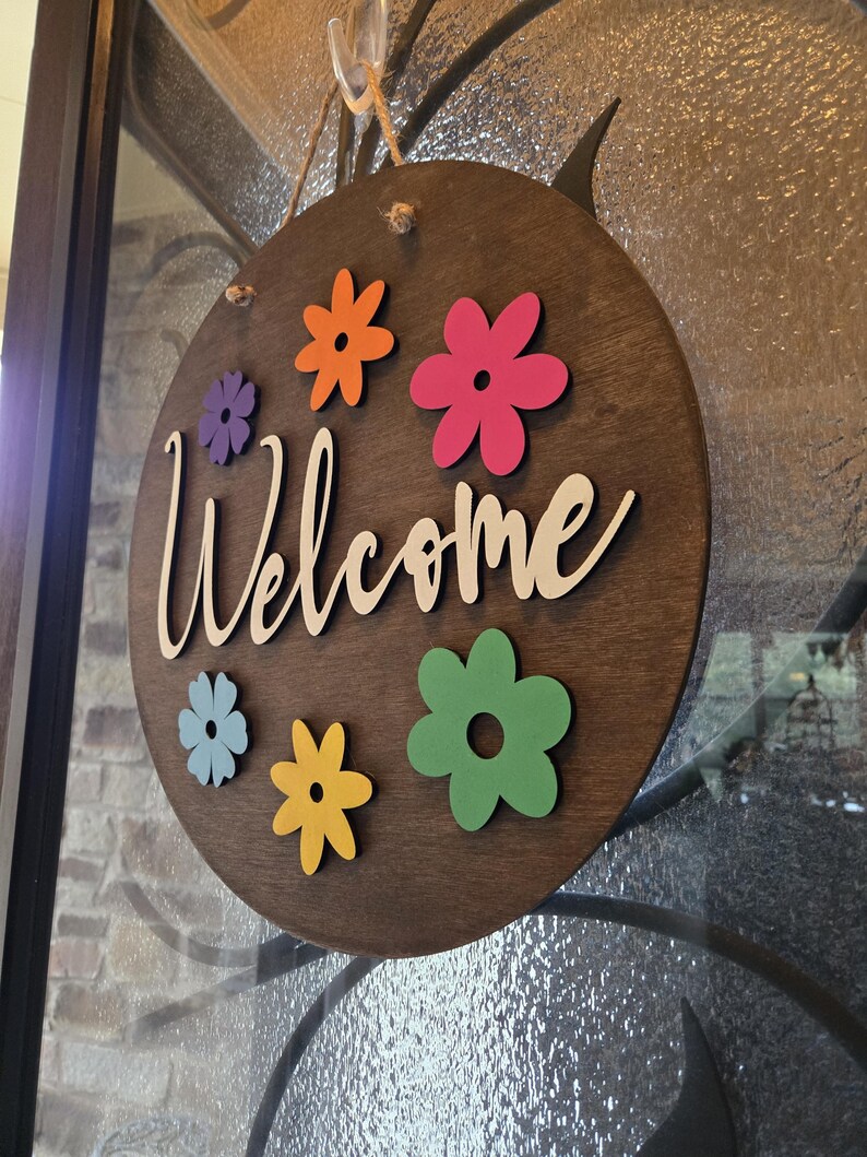 Spring Welcome Sign, Door Hanger, Raised Design, 16 Round Colorful ...
