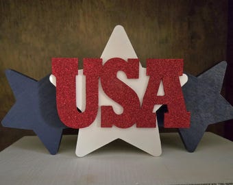 Patriotic Wood Star Decor: Glitter USA Accent, Tiered Tray Decor