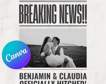 Vintage Wedding Newspaper Template: Customizable Program (Canva Digital Download)