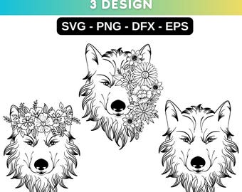 Wolf Head Face With Flowers SVG: T-Shirt Design, Cricut, PNG (Digital Download)