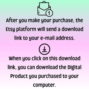 Puede incluir: Imagen con texto que explica el proceso de descarga de un producto digital despu&eacute;s de la compra en Etsy. Incluye un icono de sobre con un n&uacute;mero uno, una flecha hacia abajo e instrucciones sobre el enlace de descarga enviado al correo electr&oacute;nico del comprador.
