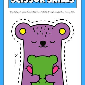 Puede incluir: Una hoja de actividades para ni&ntilde;os con un oso morado sosteniendo un oso verde. El texto &laquo;SCISSOR SKILLS&raquo; est&aacute; en la parte superior. La imagen incluye l&iacute;neas punteadas para practicar el corte, dise&ntilde;adas para mejorar la motricidad fina.