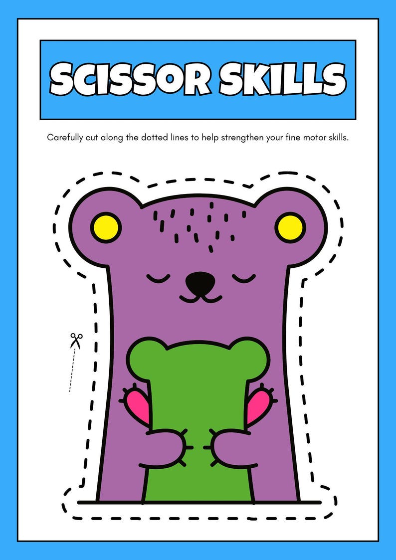 Puede incluir: Una hoja de actividades para ni&ntilde;os con un oso morado sosteniendo un oso verde. El texto &laquo;SCISSOR SKILLS&raquo; est&aacute; en la parte superior. La imagen incluye l&iacute;neas punteadas para practicar el corte, dise&ntilde;adas para mejorar la motricidad fina.