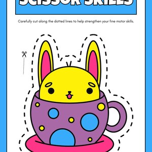 Puede incluir: Una hoja de actividades de habilidades con tijeras. La imagen presenta un conejito amarillo en una taza morada con detalles rosas y azules. El texto "SCISSOR SKILLS" est&aacute; en la parte superior, con instrucciones para cortar a lo largo de las l&iacute;neas punteadas.
