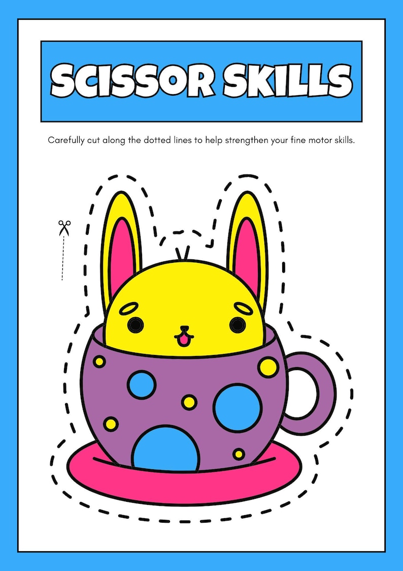 Puede incluir: Una hoja de actividades de habilidades con tijeras. La imagen presenta un conejito amarillo en una taza morada con detalles rosas y azules. El texto "SCISSOR SKILLS" est&aacute; en la parte superior, con instrucciones para cortar a lo largo de las l&iacute;neas punteadas.