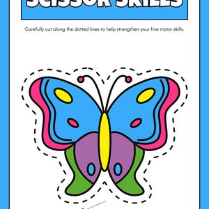 Puede incluir: Una hoja de actividades de corte con un dise&ntilde;o de mariposa. La imagen muestra una mariposa azul con detalles rosas, amarillos, morados y verdes. El texto "SCISSOR SKILLS" est&aacute; en la parte superior, con instrucciones para cortar.