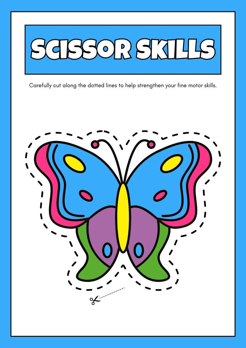 Puede incluir: Una hoja de actividades de corte con un dise&ntilde;o de mariposa. La imagen muestra una mariposa azul con detalles rosas, amarillos, morados y verdes. El texto "SCISSOR SKILLS" est&aacute; en la parte superior, con instrucciones para cortar.